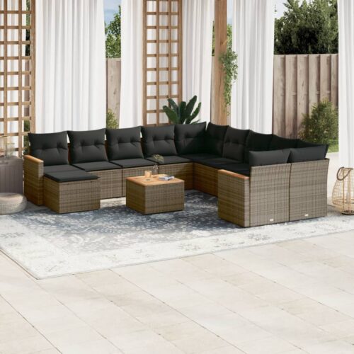 12-Piece Garden Sofa Set with Cushions Outdoor Patio Lounge Furniture Grey Poly Rattan - Image 2