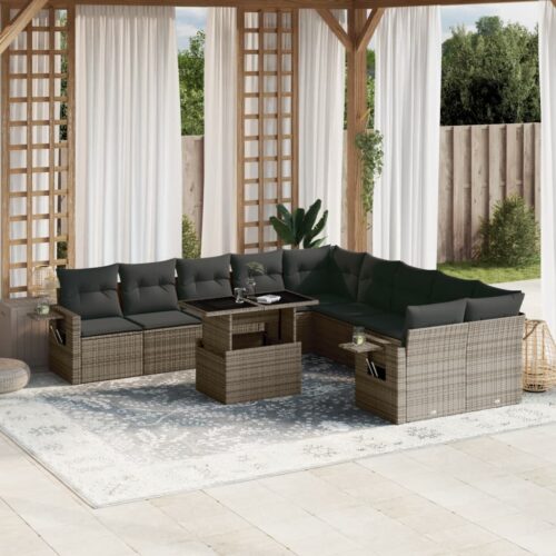 11-Piece Garden Sofa Set with Cushions Outdoor Patio Lounge Furniture Grey Poly Rattan - Image 2