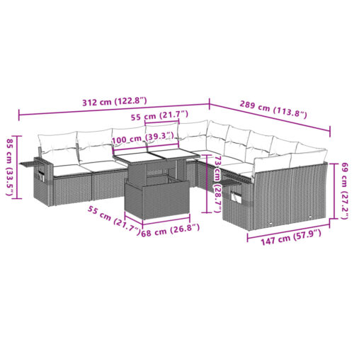 11-Piece Garden Sofa Set with Cushions Outdoor Patio Lounge Furniture Grey Poly Rattan - Image 10