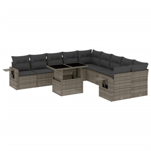 11-Piece Garden Sofa Set with Cushions Outdoor Patio Lounge Furniture Grey Poly Rattan - Image 13