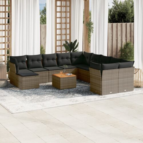 12-Piece Garden Sofa Set with Cushions Outdoor Patio Lounge Furniture Grey Poly Rattan - Image 2