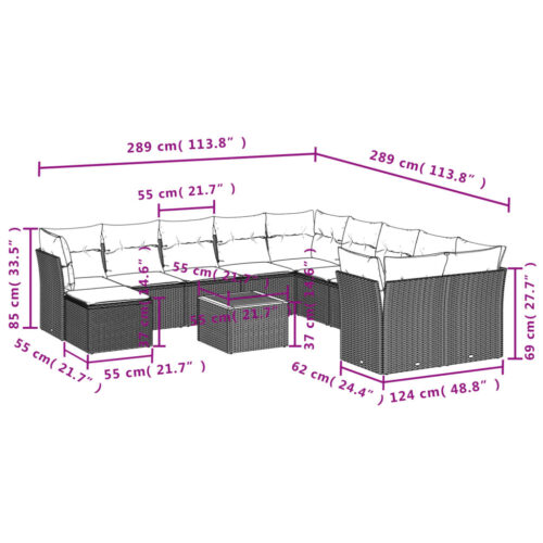 12-Piece Garden Sofa Set with Cushions Outdoor Patio Lounge Furniture Grey Poly Rattan - Image 3
