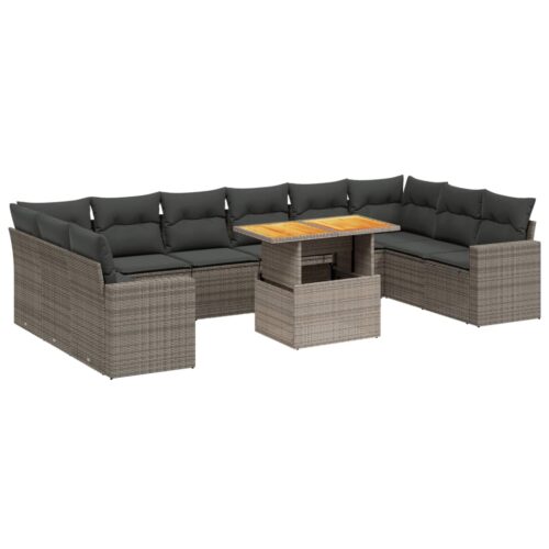 11-Piece Garden Sofa Set with Cushions Outdoor Patio Lounge Furniture Grey Poly Rattan