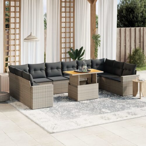 11-Piece Garden Sofa Set with Cushions Outdoor Patio Lounge Furniture Grey Poly Rattan - Image 2