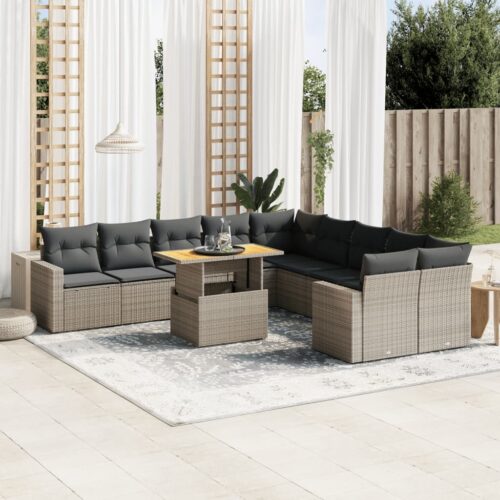11-Piece Garden Sofa Set with Cushions Outdoor Patio Lounge Furniture Grey Poly Rattan - Image 2