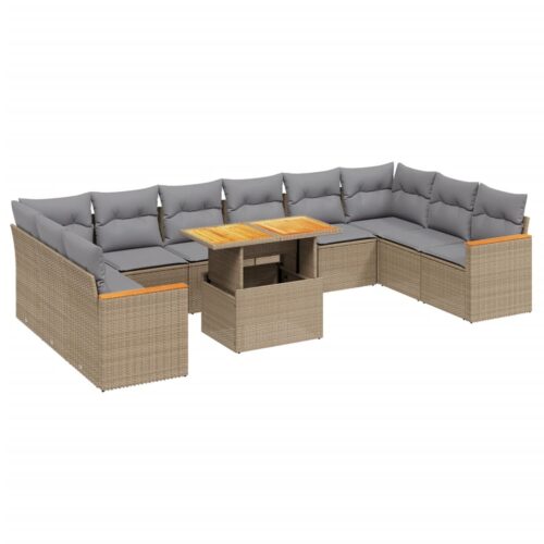 11-Piece Garden Sofa Set with Cushions Outdoor Patio Lounge Furniture Beige Poly Rattan