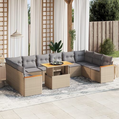 11-Piece Garden Sofa Set with Cushions Outdoor Patio Lounge Furniture Beige Poly Rattan - Image 2
