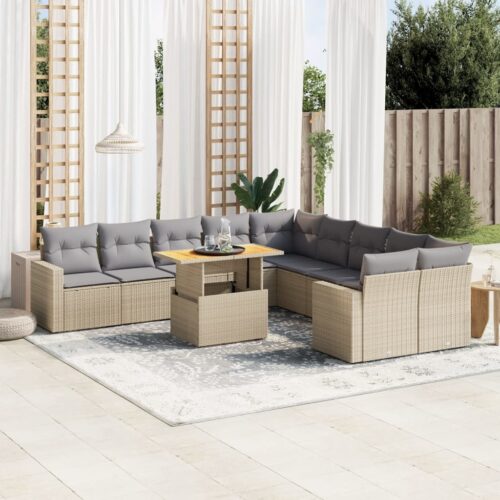 11-Piece Garden Sofa Set with Cushions Outdoor Patio Lounge Furniture Beige Poly Rattan - Image 2