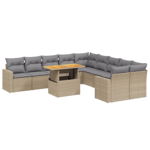 11-Piece Garden Sofa Set with Cushions Outdoor Patio Lounge Furniture Beige Poly Rattan - Image 5