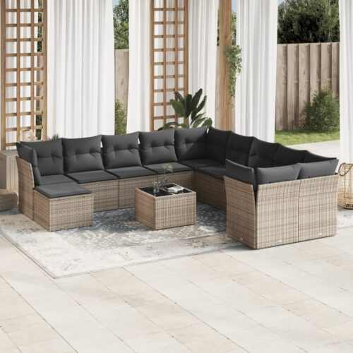 12-Piece Garden Sofa Set with Cushions Outdoor Patio Lounge Furniture Grey Poly Rattan - Image 2