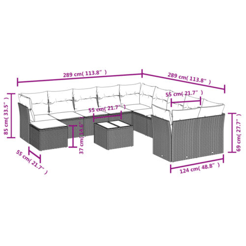 12-Piece Garden Sofa Set with Cushions Outdoor Patio Lounge Furniture Grey Poly Rattan - Image 3