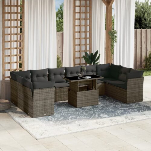 11-Piece Garden Sofa Set with Cushions Outdoor Patio Lounge Furniture Grey Poly Rattan - Image 2