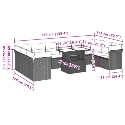 11-Piece Garden Sofa Set with Cushions Outdoor Patio Lounge Furniture Grey Poly Rattan - Image 9