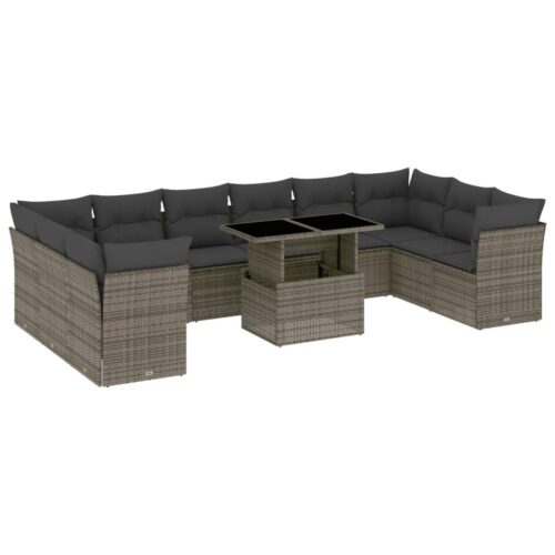 11-Piece Garden Sofa Set with Cushions Outdoor Patio Lounge Furniture Grey Poly Rattan - Image 13