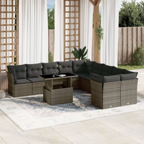 11-Piece Garden Sofa Set with Cushions Outdoor Patio Lounge Furniture Grey Poly Rattan - Image 2