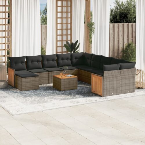 12-Piece Garden Sofa Set with Cushions Outdoor Patio Lounge Furniture Grey Poly Rattan - Image 2