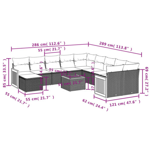 12-Piece Garden Sofa Set with Cushions Outdoor Patio Lounge Furniture Grey Poly Rattan - Image 9