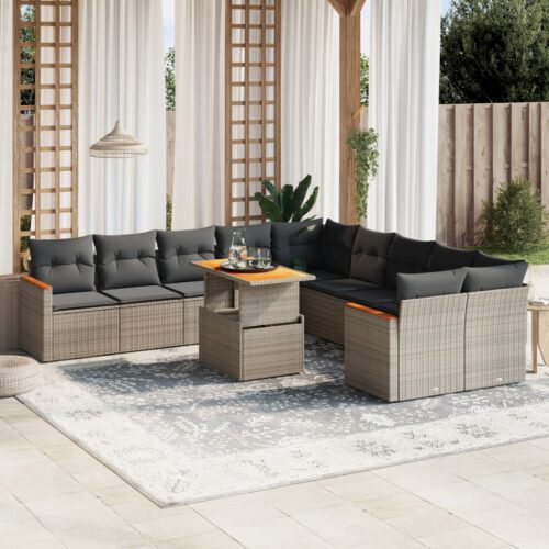 11-Piece Garden Sofa Set with Cushions Outdoor Patio Lounge Furniture Grey Poly Rattan - Image 2