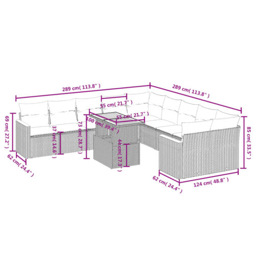 11-Piece Garden Sofa Set with Cushions Outdoor Patio Lounge Furniture Grey Poly Rattan - Image 3