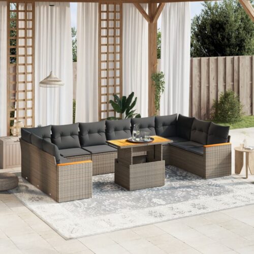 11-Piece Garden Sofa Set with Cushions Outdoor Patio Lounge Furniture Grey Poly Rattan - Image 2