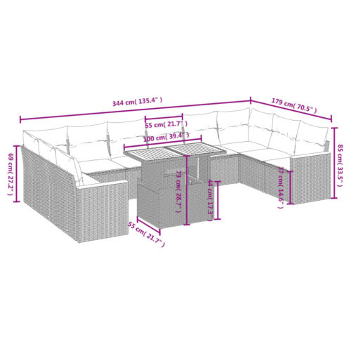 11-Piece Garden Sofa Set with Cushions Outdoor Patio Lounge Furniture Grey Poly Rattan - Image 3