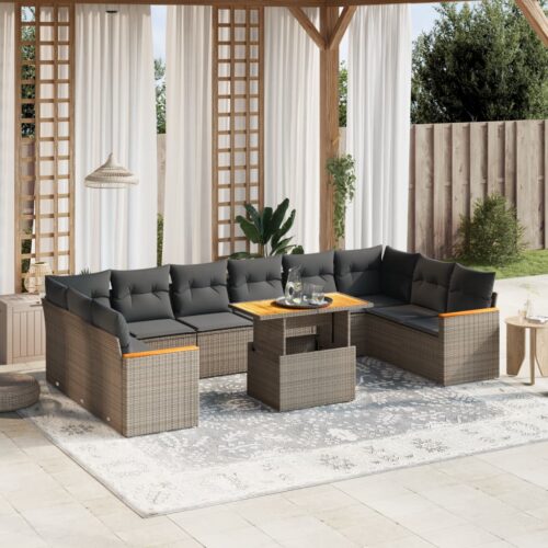 11-Piece Garden Sofa Set with Cushions Outdoor Patio Lounge Furniture Grey Poly Rattan - Image 5