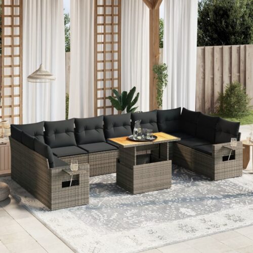 11-Piece Garden Sofa Set with Cushions Outdoor Patio Lounge Furniture Grey Poly Rattan - Image 2