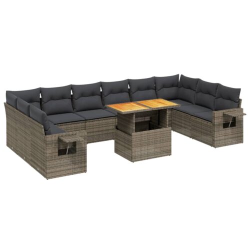 11-Piece Garden Sofa Set with Cushions Outdoor Patio Lounge Furniture Grey Poly Rattan - Image 5