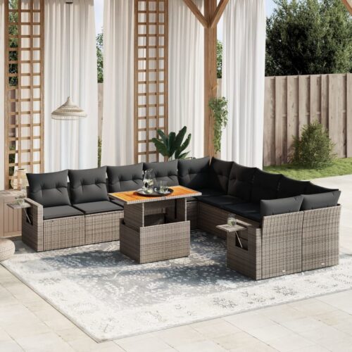 11-Piece Garden Sofa Set with Cushions Outdoor Patio Lounge Furniture Grey Poly Rattan - Image 2