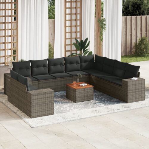 11-Piece Garden Sofa Set with Cushions Outdoor Patio Lounge Furniture Grey Poly Rattan - Image 2