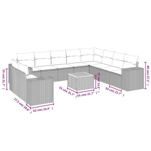 11-Piece Garden Sofa Set with Cushions Outdoor Patio Lounge Furniture Grey Poly Rattan - Image 3