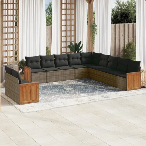 11-Piece Garden Sofa Set with Cushions Outdoor Patio Lounge Furniture Grey Poly Rattan - Image 2