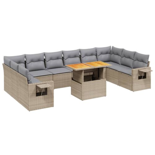 11-Piece Garden Sofa Set with Cushions Outdoor Patio Lounge Furniture Beige Poly Rattan - Image 5
