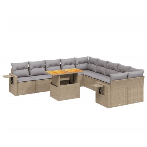 11-Piece Garden Sofa Set with Cushions Outdoor Patio Lounge Furniture Beige Poly Rattan