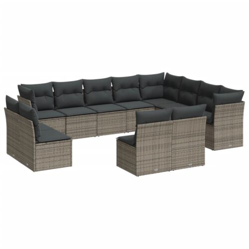 12-Piece Garden Sofa Set with Cushions Outdoor Patio Lounge Furniture Grey Poly Rattan