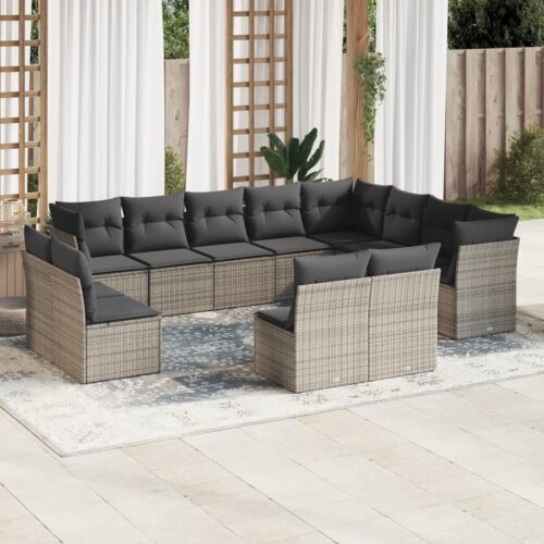 12-Piece Garden Sofa Set with Cushions Outdoor Patio Lounge Furniture Grey Poly Rattan - Image 2