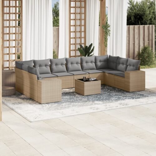 11-Piece Garden Sofa Set with Cushions Outdoor Patio Lounge Furniture Beige Poly Rattan - Image 2
