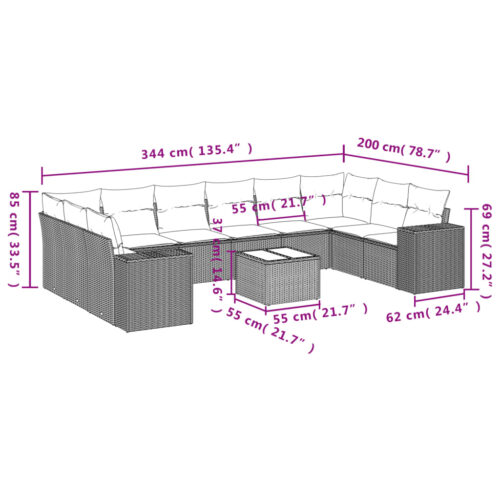 11-Piece Garden Sofa Set with Cushions Outdoor Patio Lounge Furniture Beige Poly Rattan - Image 3