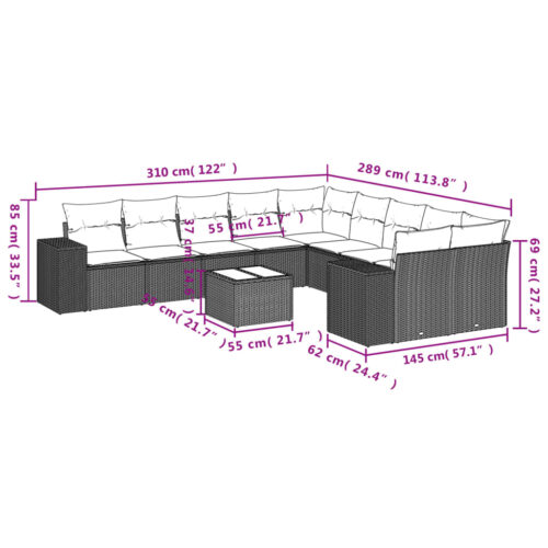 11-Piece Garden Sofa Set with Cushions Outdoor Patio Lounge Furniture Beige Poly Rattan - Image 3