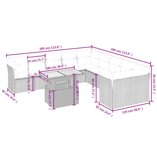 11-Piece Garden Sofa Set with Cushions Outdoor Patio Lounge Furniture Grey Poly Rattan - Image 3
