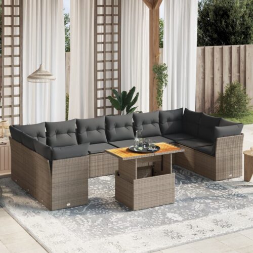11-Piece Garden Sofa Set with Cushions Outdoor Patio Lounge Furniture Grey Poly Rattan - Image 2