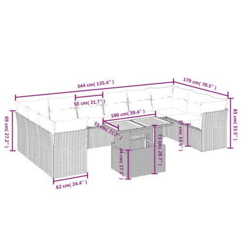 11-Piece Garden Sofa Set with Cushions Outdoor Patio Lounge Furniture Grey Poly Rattan - Image 3