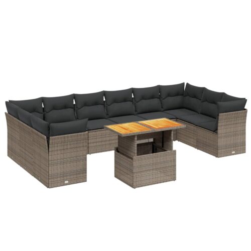11-Piece Garden Sofa Set with Cushions Outdoor Patio Lounge Furniture Grey Poly Rattan - Image 5