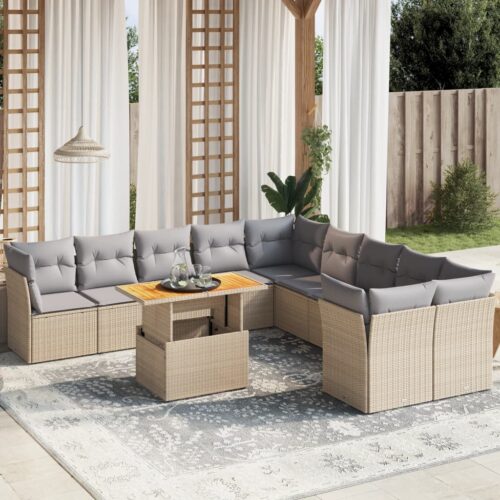 11-Piece Garden Sofa Set with Cushions Outdoor Patio Lounge Furniture Beige Poly Rattan - Image 2