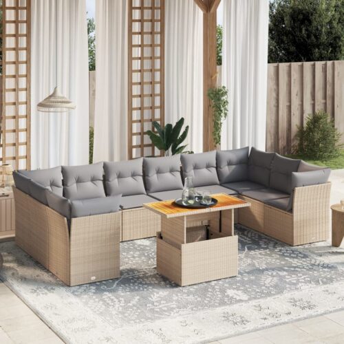11-Piece Garden Sofa Set with Cushions Outdoor Patio Lounge Furniture Beige Poly Rattan - Image 2