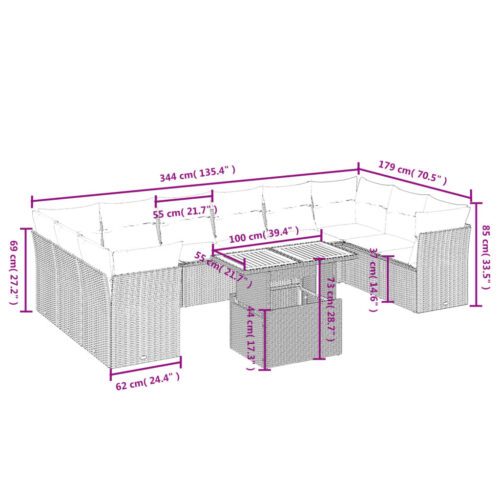 11-Piece Garden Sofa Set with Cushions Outdoor Patio Lounge Furniture Beige Poly Rattan - Image 3