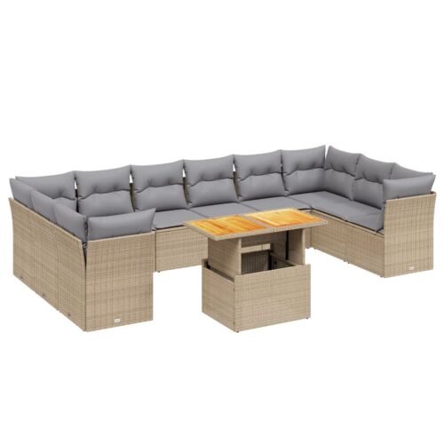 11-Piece Garden Sofa Set with Cushions Outdoor Patio Lounge Furniture Beige Poly Rattan - Image 5
