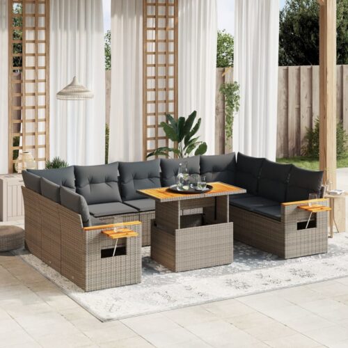 11-Piece Garden Sofa Set with Cushions Outdoor Patio Lounge Furniture Grey Poly Rattan - Image 2