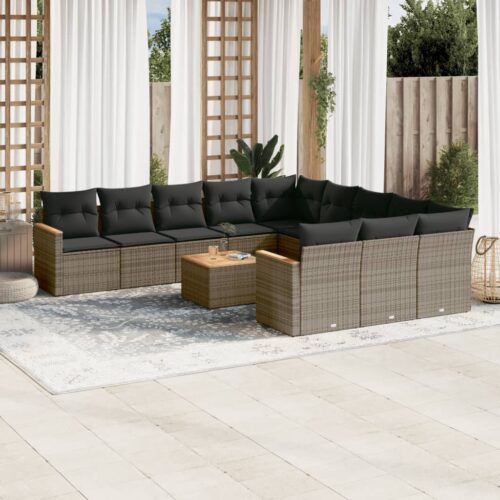 12-Piece Garden Sofa Set with Cushions Outdoor Patio Lounge Furniture Grey Poly Rattan - Image 2