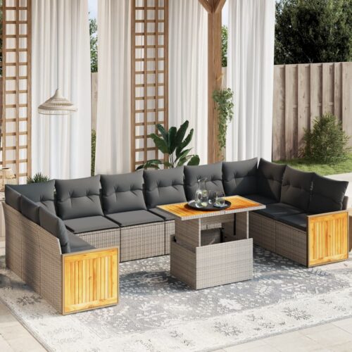 11-Piece Garden Sofa Set with Cushions Outdoor Patio Lounge Furniture Grey Poly Rattan - Image 2
